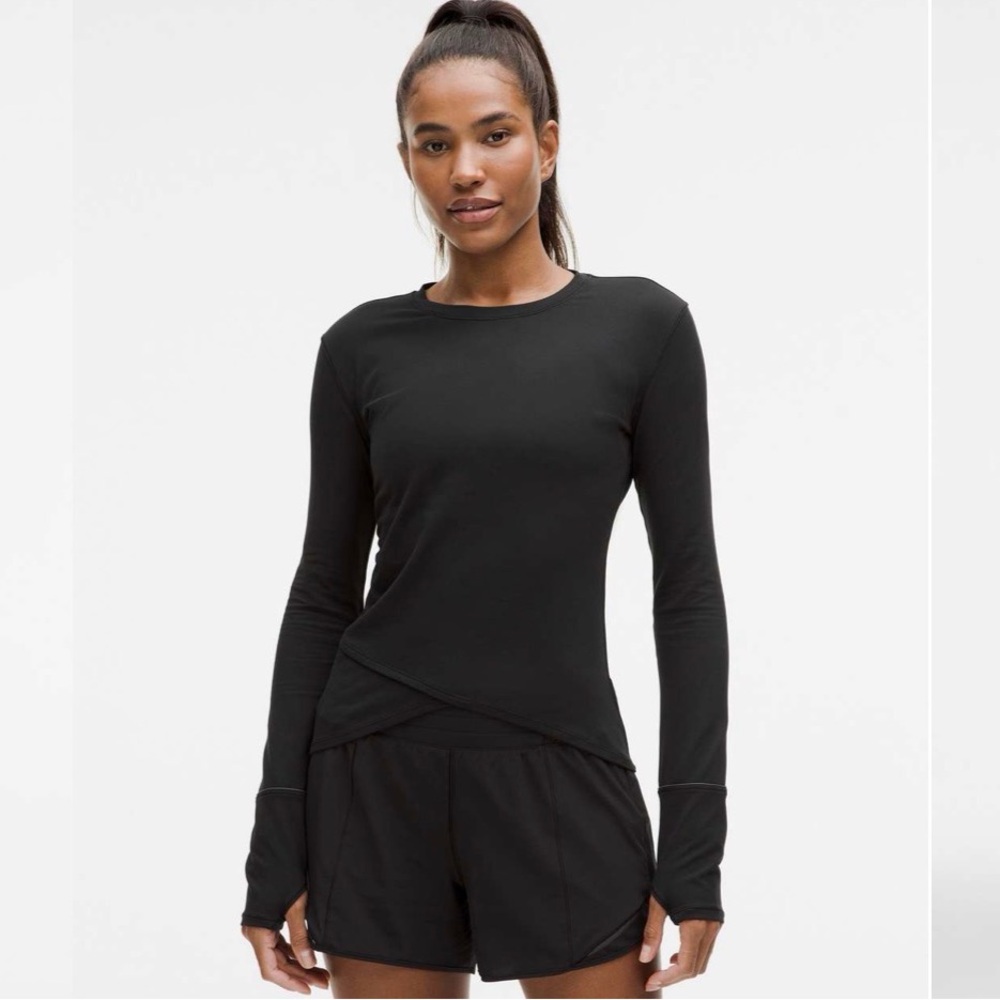 Lululemon Rulu Gathered-Waist Long-Sleeve Running Top Black size medium